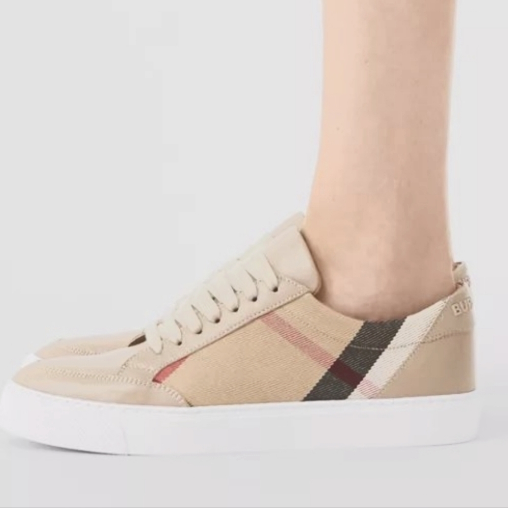 BURBERRY House Check Cotton and Leather Sneakers Sz 36